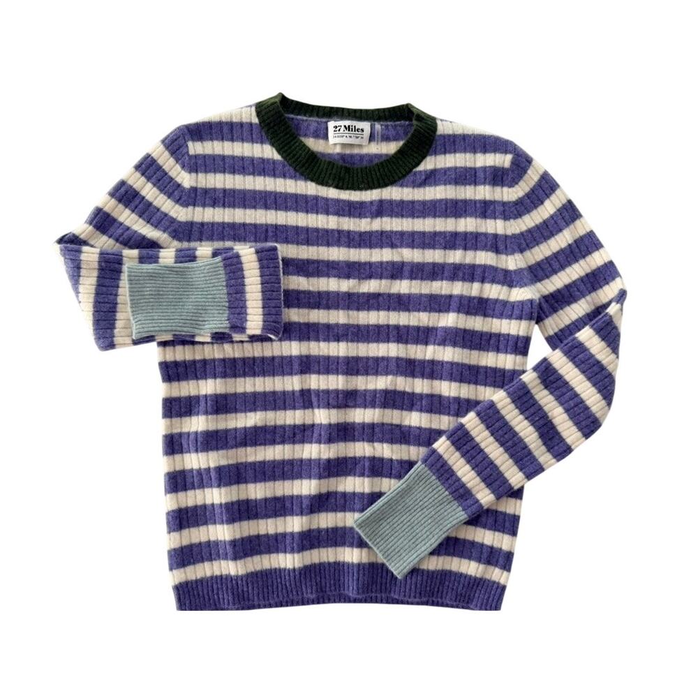27 Miles Cashmere Purple Cream Stripe Sweater Size Medium Crewneck